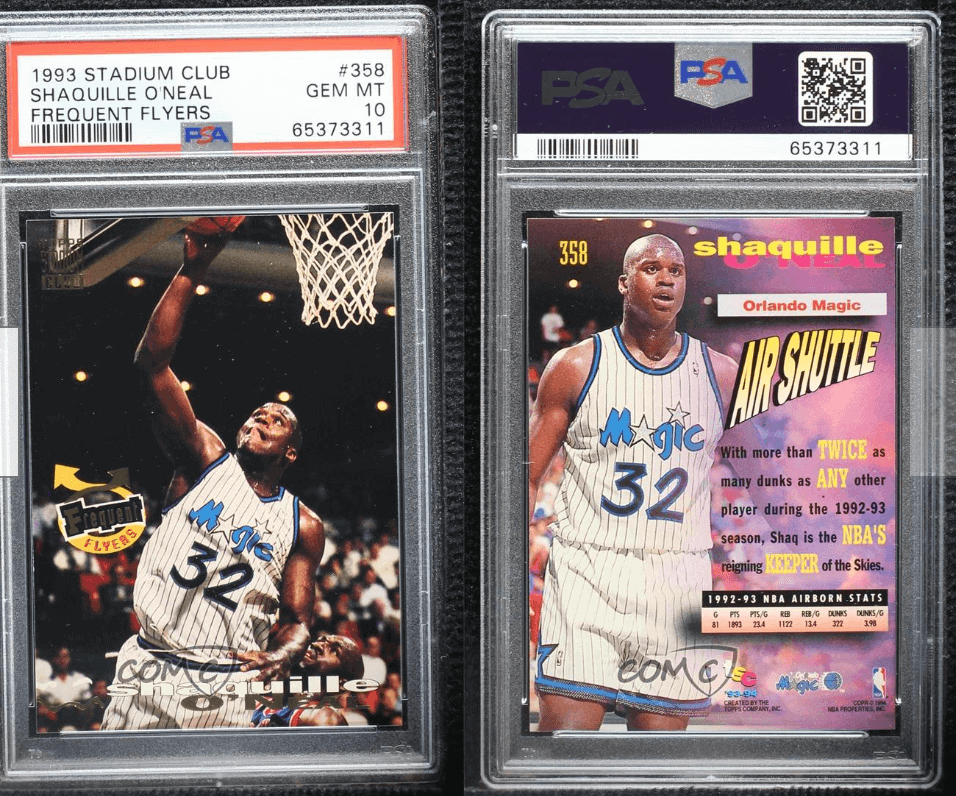 Shaq rookie card listing his rookie dunk total at 322
